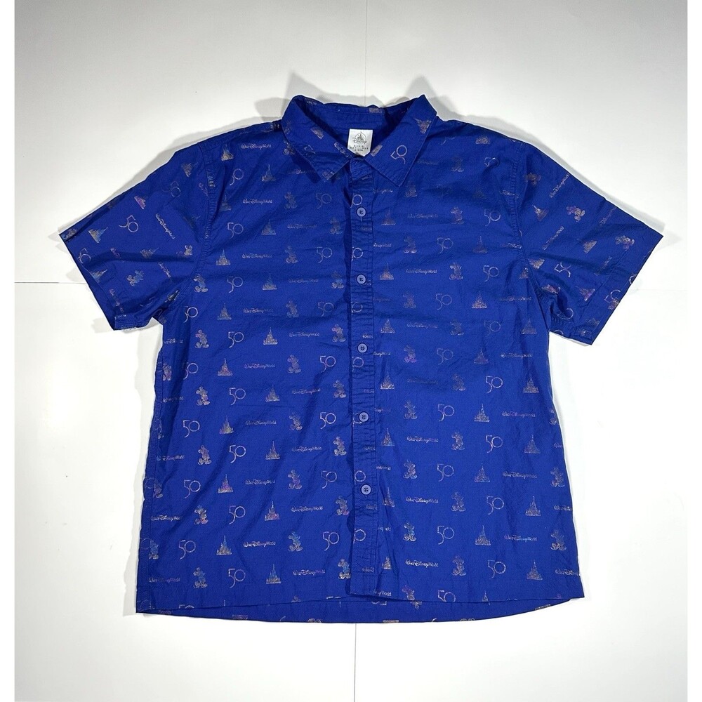 Disney World 50th Anniversary Mens Shirt Large Blue Sleeve Button All Over Print